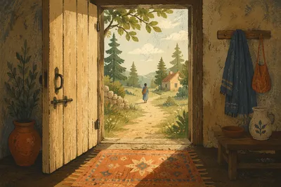 Open Cottage Door with Hopeful Sunlight