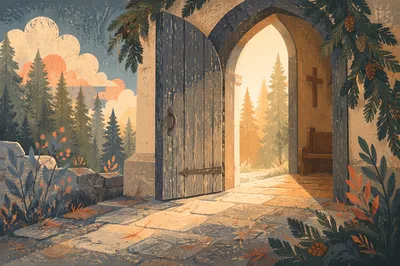 Open Chapel Door in Evergreen Light