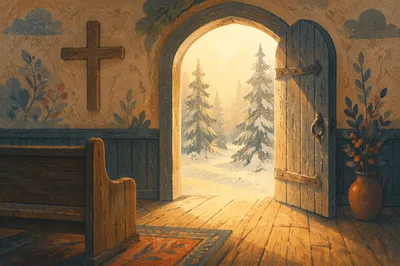 Open Chapel Door with Golden Dawn Light