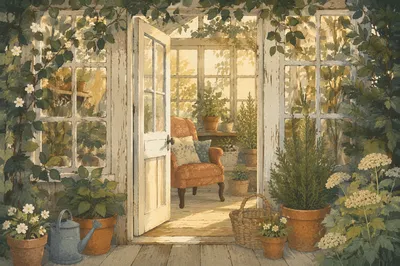 Open Garden Door with Hopeful Sunlight