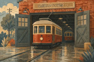 Vintage Streetcar Emerging Through Sunlit Garage Door