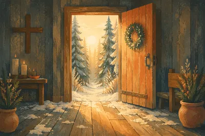 Open Chapel Door with Golden Dawn Light
