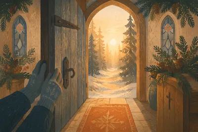 Open Chapel Door with Evergreen Light