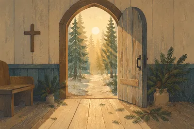 Open Chapel Door to Evergreen Morning Light