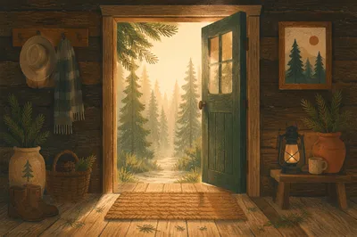 Open Cabin Door with Forest Light