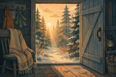 Open Cabin Door to Evergreen Light