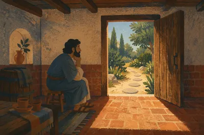 Open Arched Door with Evergreen Light