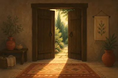 Open Wooden Door with Evergreen Light