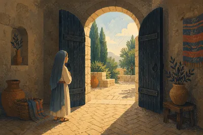 Open Arched Doorway with Evergreen Light