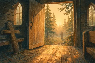 Open Chapel Door in Evergreen Dawn Light
