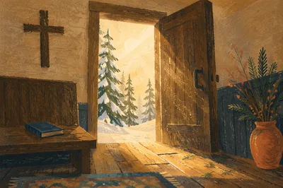 Open Chapel Door with Evergreen Morning Light