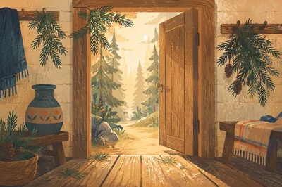 Open Wooden Door to Evergreen Morning Light