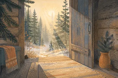 Open Cabin Door in Evergreen Morning Light
