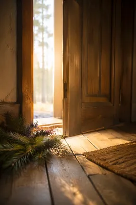 Open Wooden Door with Morning Light
