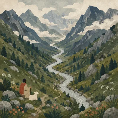 Misty Evergreen Valley with Peaceful River