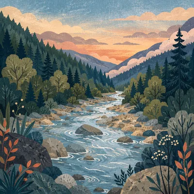 Peaceful River Through Evergreen Valley