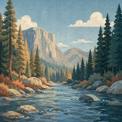 Peaceful River in Evergreen Mountain Valley