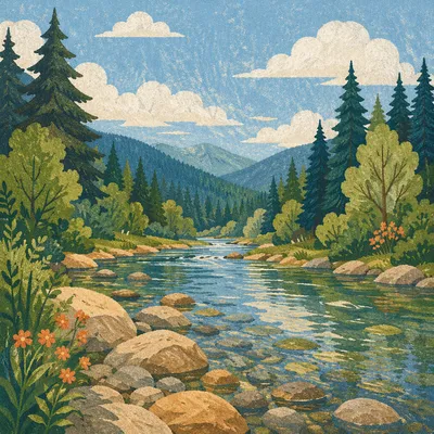 Peaceful Evergreen River Valley Landscape