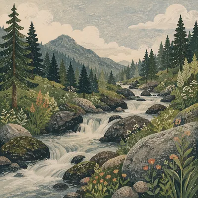 Peaceful Evergreen Valley River Waterfall