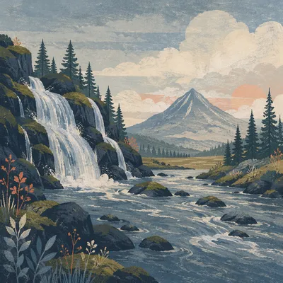 Peaceful Evergreen Valley River and Waterfall