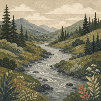 Peaceful River Through Evergreen Valley