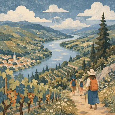 Peaceful River Valley with Evergreen Vineyards