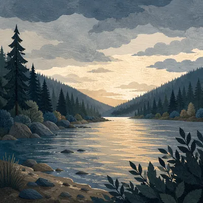 Peaceful Evergreen River Valley at Dusk
