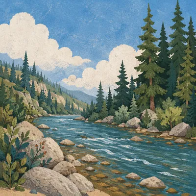 Peaceful Evergreen River Valley Landscape