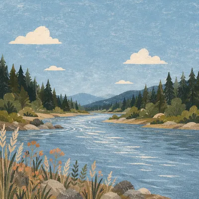 Peaceful River Through Evergreen Valley