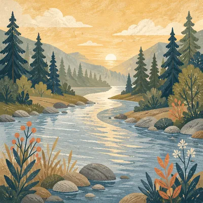 Peaceful Evergreen River Valley Morning