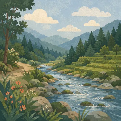 Peaceful River Through Evergreen Valley