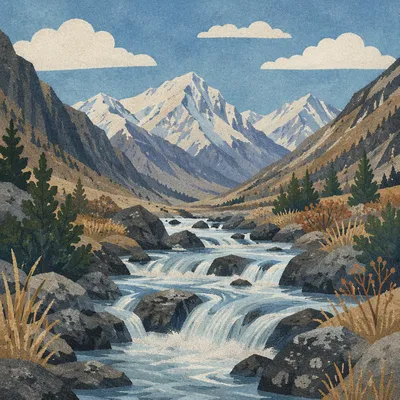 Peaceful River Valley with Evergreen Slopes