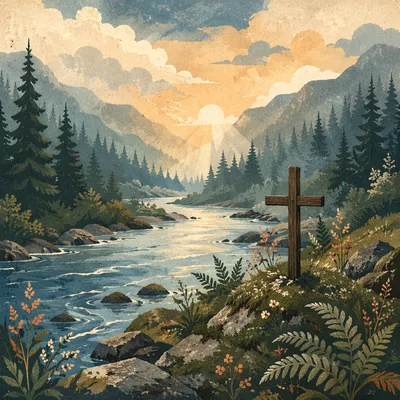 Peaceful Evergreen River Valley With Wooden Cross