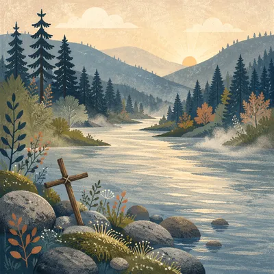 Peaceful Evergreen Valley River With Wooden Cross