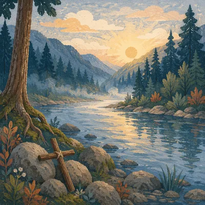 Peaceful Evergreen Valley River with Cross