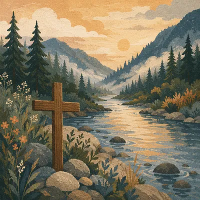 Peaceful Evergreen Valley River with Wooden Cross