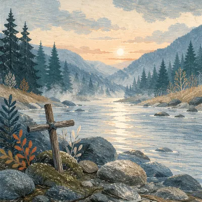 Peaceful Evergreen River Valley with Wooden Cross