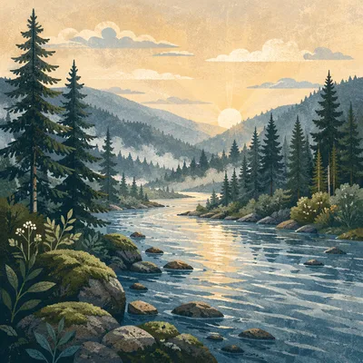 Peaceful Evergreen River Valley at Sunrise