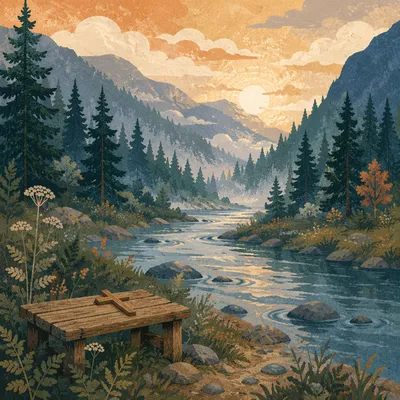 Peaceful Evergreen River Valley With Wooden Cross