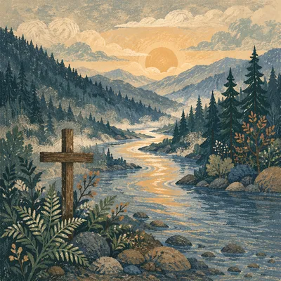 Peaceful River Valley with Humble Cross