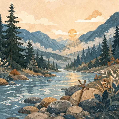 Peaceful Evergreen River Valley at Sunrise