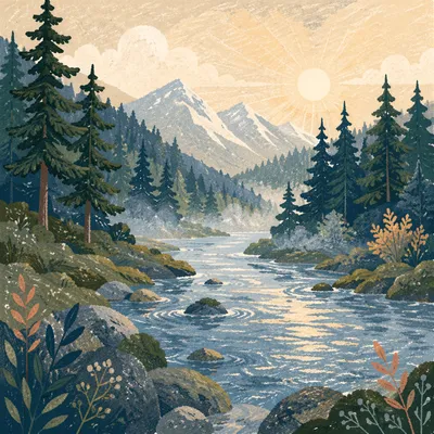 Peaceful River in Evergreen Morning Valley