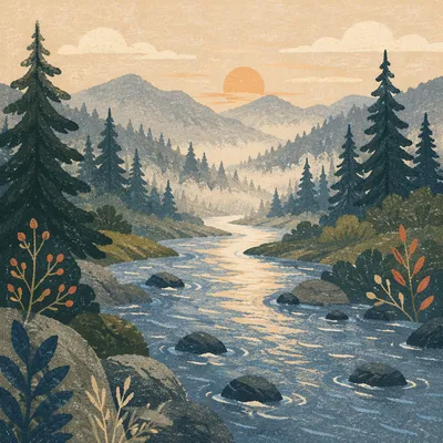 Peaceful River Through Evergreen Valley Dawn