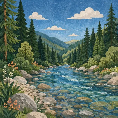 Peaceful River in Evergreen Mountain Valley