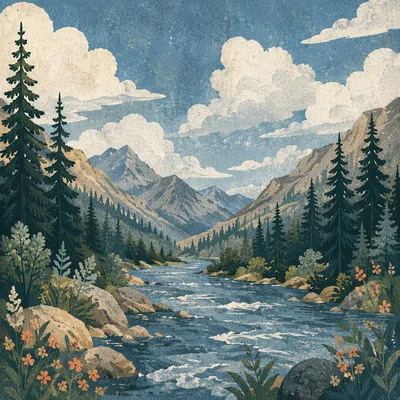 Peaceful Evergreen River Valley Landscape