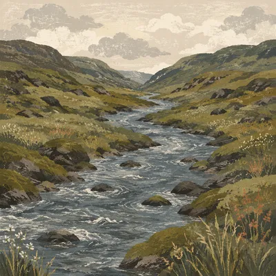 Peaceful River Through Evergreen Valley