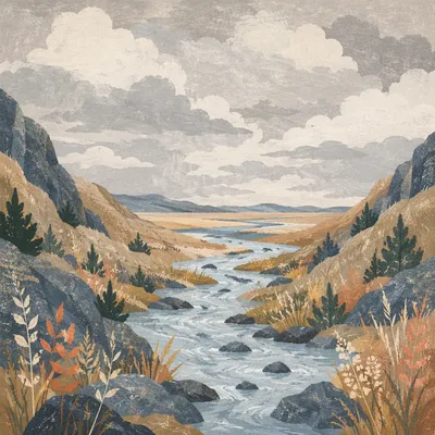 Peaceful River Valley with Evergreen Accents