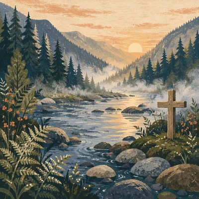 Peaceful Evergreen River Valley at Dawn