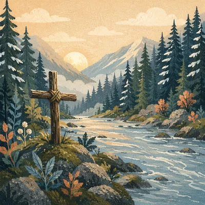 Peaceful River Valley with Wooden Cross