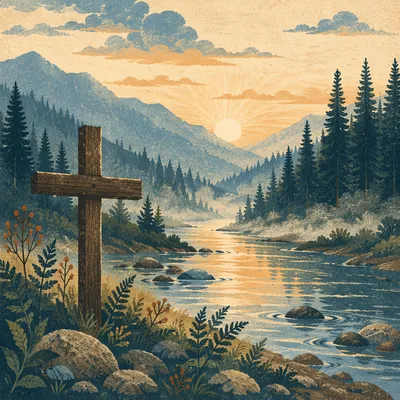 Peaceful Evergreen Valley River With Wooden Cross